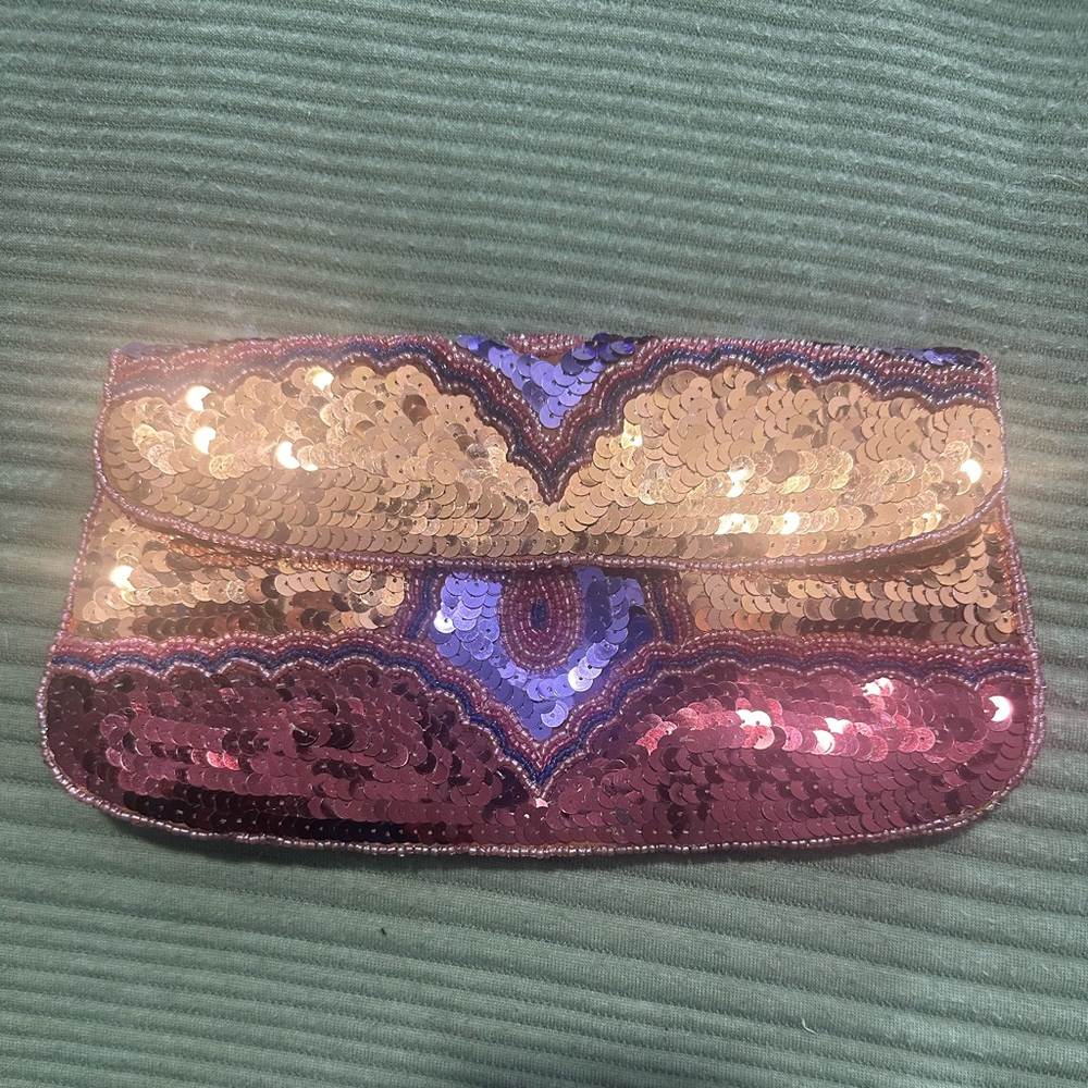 Sequin Embellished Clutch Wristlet in Gold, Purple & Pink